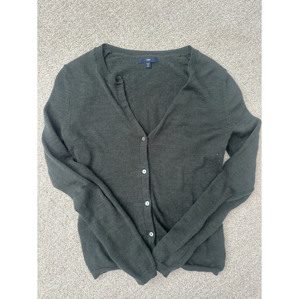 Gap Women Wool Blend Dark Green Wool Blend V Neck Button Up‎ Cardigan XS
